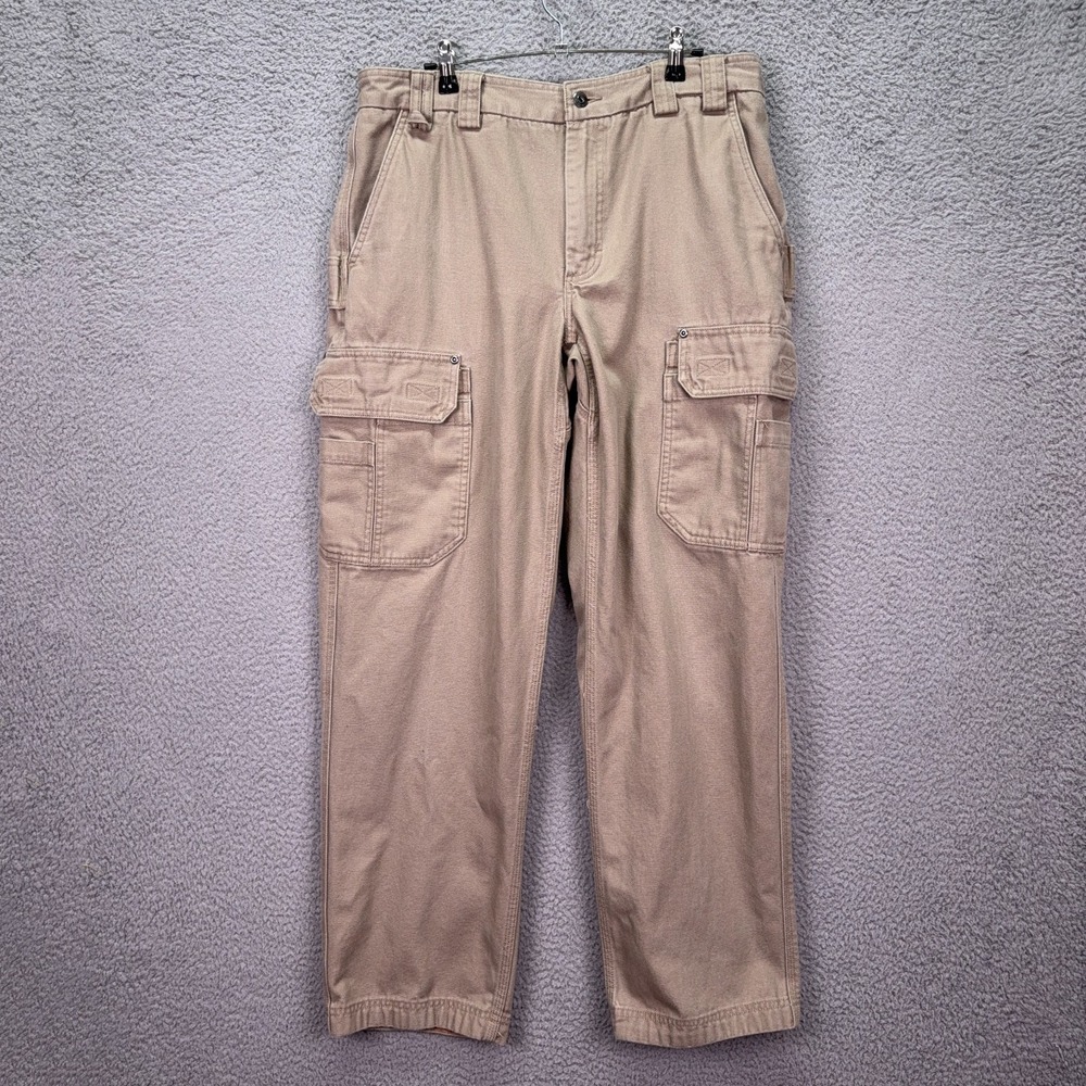 Duluth Pants Mens 36x32 Khaki Fire Hose Relaxed Fit Cargo Work Utility Rugged